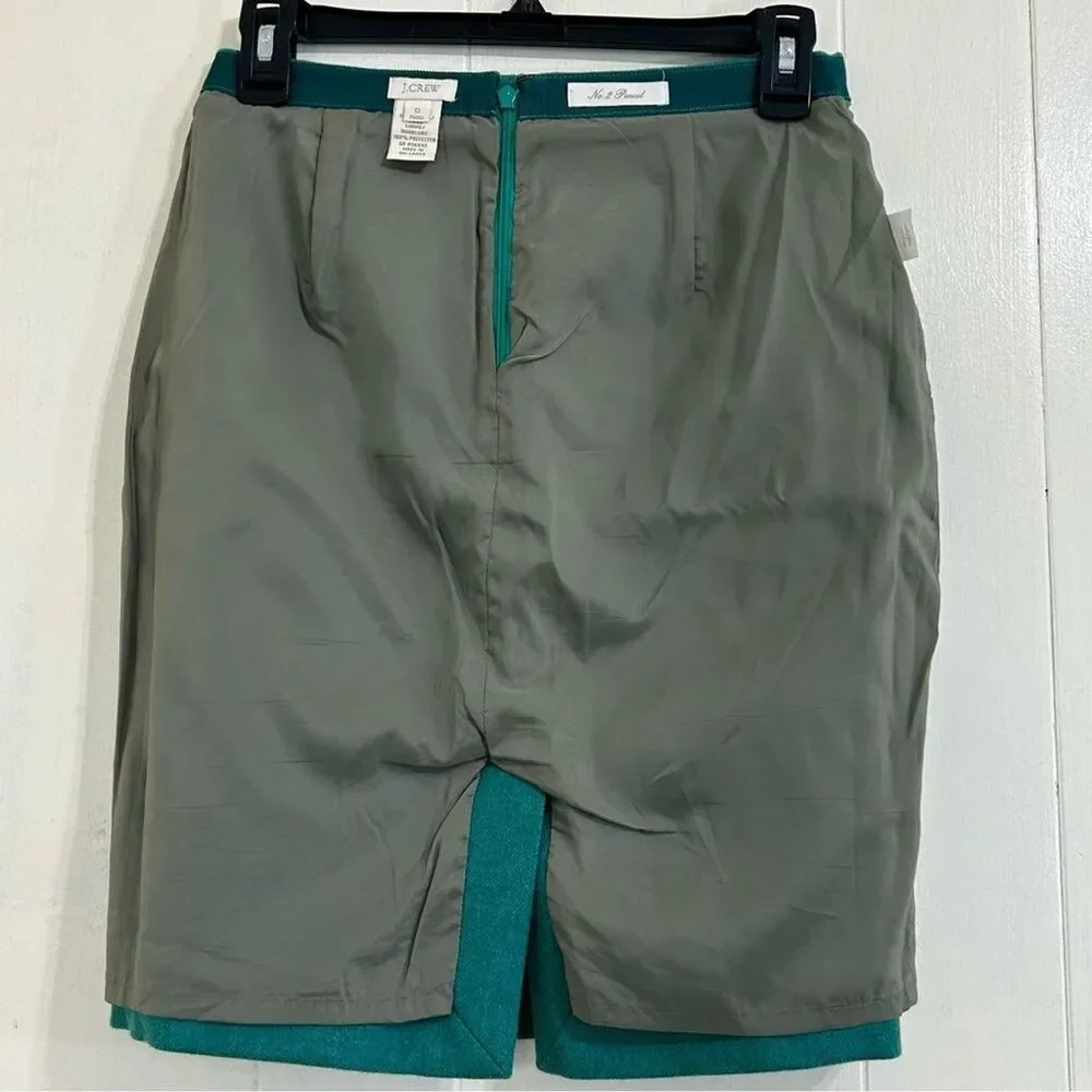 J. CREW Petites Wool Skirt Size 0 Green 100% Wool No.2 Pencil Skirt Knee Length